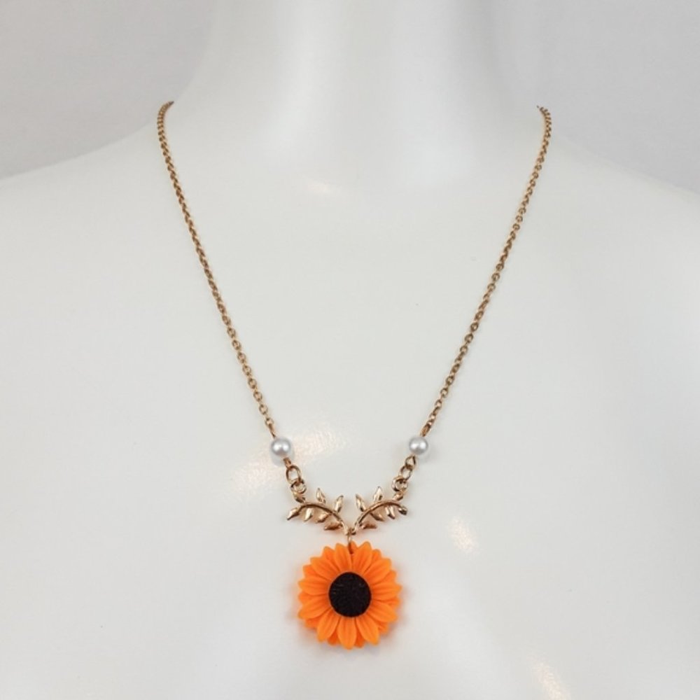 Dainty Gold Chain Pearl Vine Bright Yellow Sunflower Pendant Necklace - Picture 5 of 12